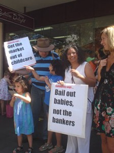 Locals in Moreland rallied to call for the government to step in and guarantee the continued operation of all ABC Learning childcare centres